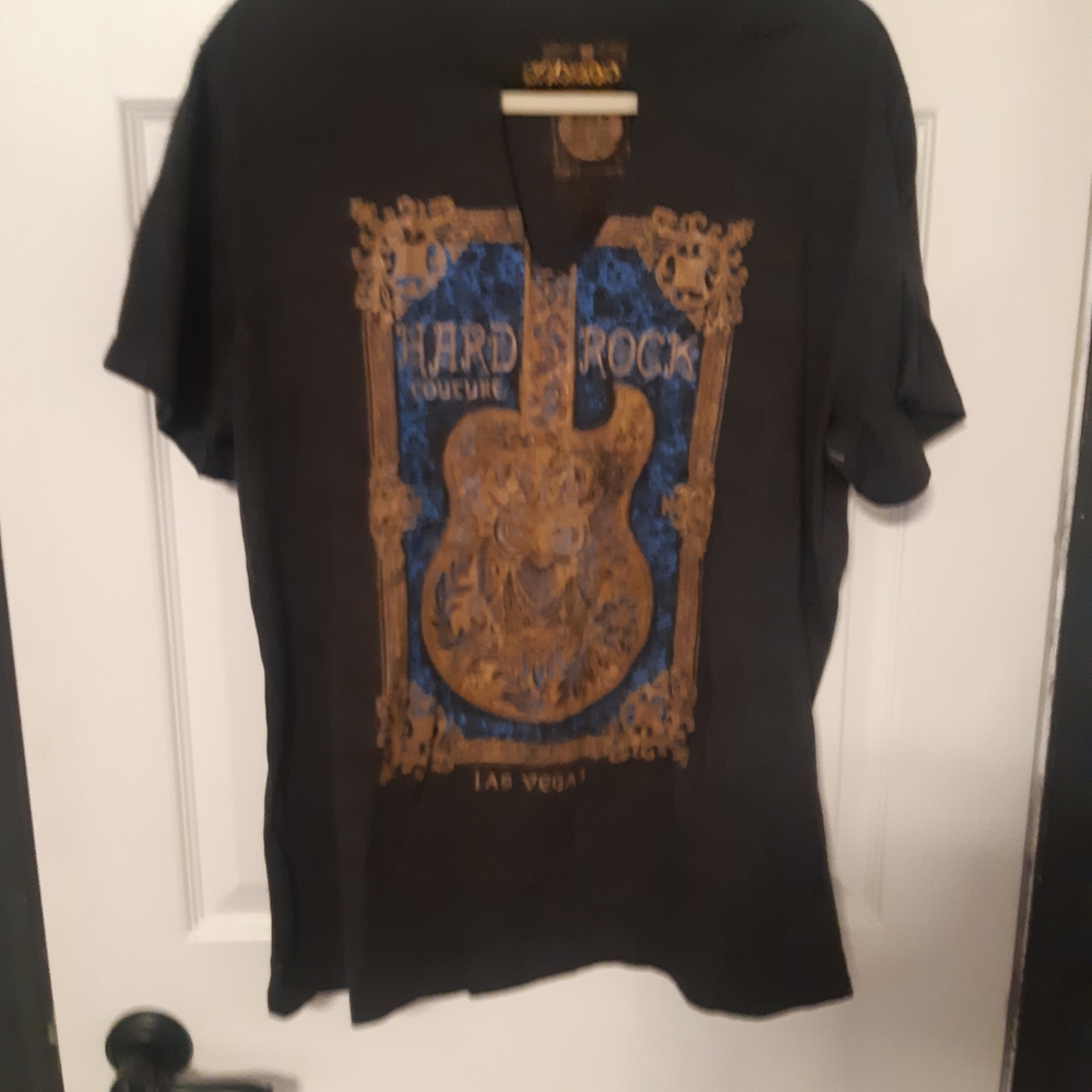 Hard Rock Cafe Black Shirt with Gold and Blue Patterns